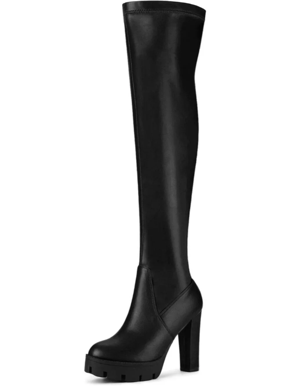 Women's Black Round Toe Faux Leather Chunky Heel Over The Knee High Boots